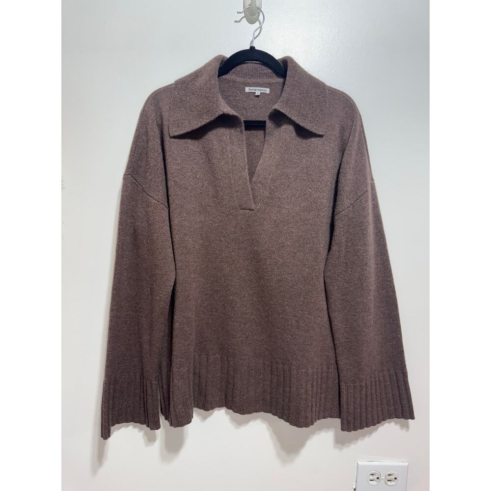 Reformation 100% Wool Brown Otto Oversized Polo Sweater Size S Pullover - Picture 7 of 12